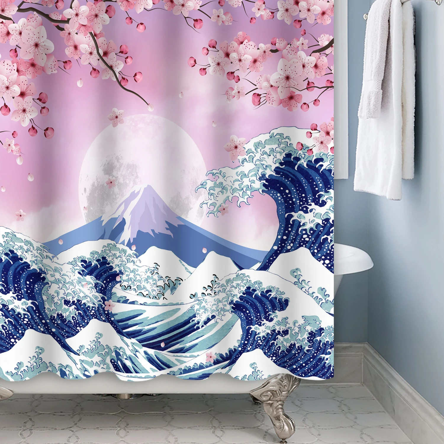 Japanese Ukiyo-e Sun Fuji Cherry Blossom Shower Curtain Hokusai Giant Waves Kanagawa Bathroom Curtains Waterproof Bathtub Screen 5