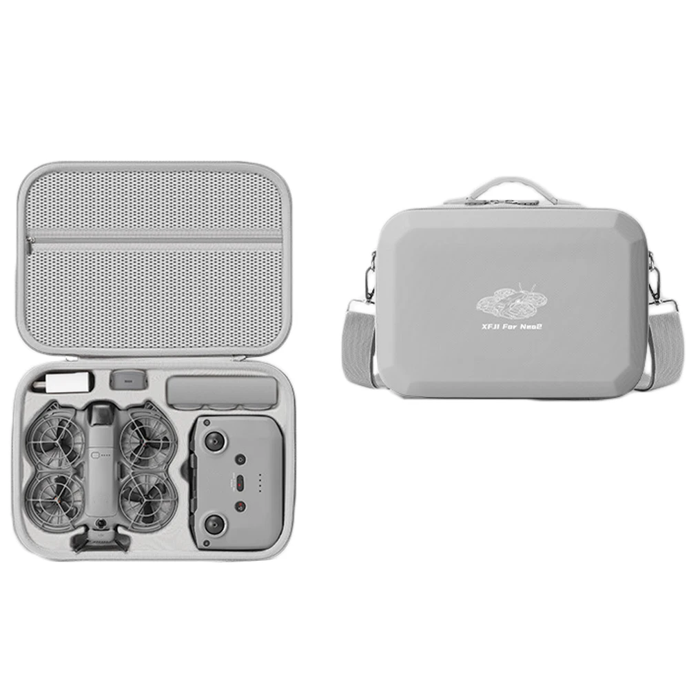 Intérieur de l'étui de transport rigide pour DJI Neo 2, avec mousse de protection découpée pour accueillir le drone.