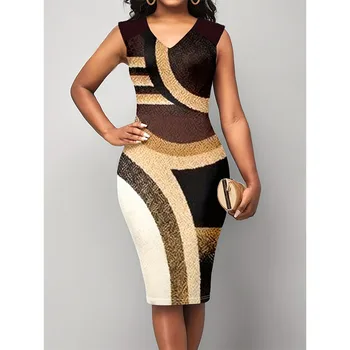 Abito da donna da ufficio con stampa 3D Abito da donna senza maniche con scollo a V Abito elegante da pendolarismo Abito sottile Moda casual Estate Nuovo abbigliamento 1