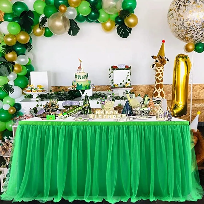 

14FT Tulle Table Skirt Green Tutu Table Cloth for Kids Birthday Party Round Tables Christmas Home Decoration(L 14(ft) H30in)