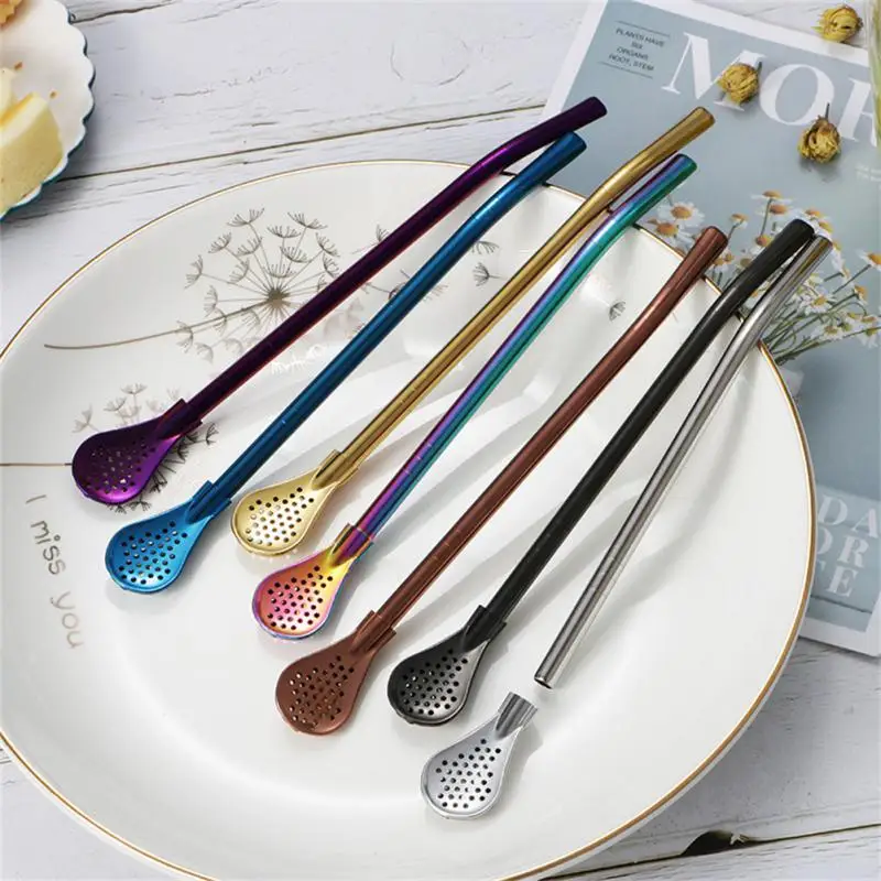 Colorful 304 Stainless Steel Tea Drinking Straws Spoon Yerba Mate Tea Filter Reusable Bombilla Gourd Tea Tools Bar Accessories