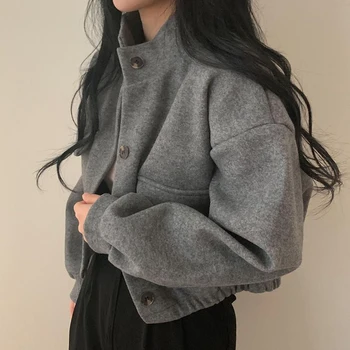 Veste décontractée tendance pour femme, col montant ample, boutonnée, style streetwear, manteau court vintage en imitation laine pour l'automne et l'hiver
