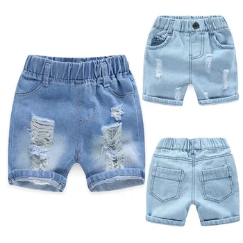 Summer Boy Shorts Children Casual Torn Jeans Kids Knee Length Denim Pants Baby Elastic Waist Shorts Infant Fashion Trousers 2-8Y 1
