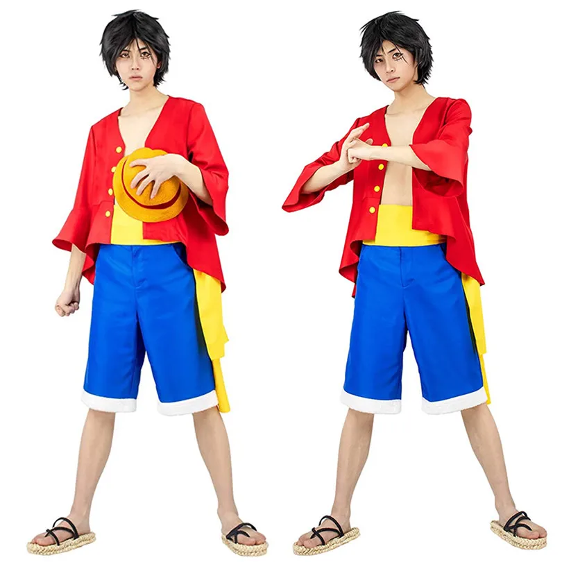 Anime Monkey D Luffy Cosplay Costume Full Set Leisure Red Shirt with Hat  Shoes Role-playing for Men Halloween Eve Carnival Party