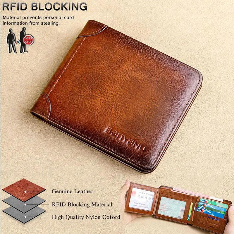Portafoglio Da Uomo In Vera Pelle Con Blocco Rfid Bifold Vintage Slim Corto Multifunzione Grande Capacità Borsa In Pelle Di Mucca Fermasoldi