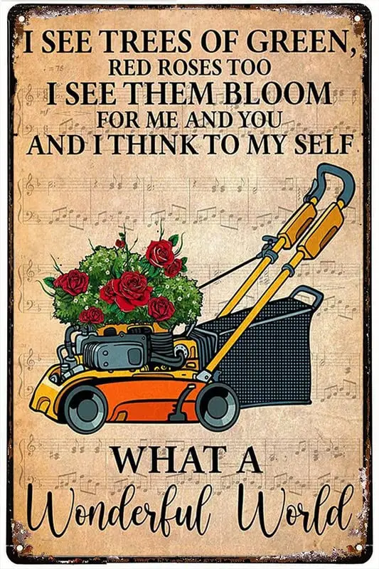 Металлический жестяной ретро знак газонокосилка я их вижу, как они цветут, какая мир, розы, металлический жестяной знак, ретро металлический знак, стена, фотография, дом
