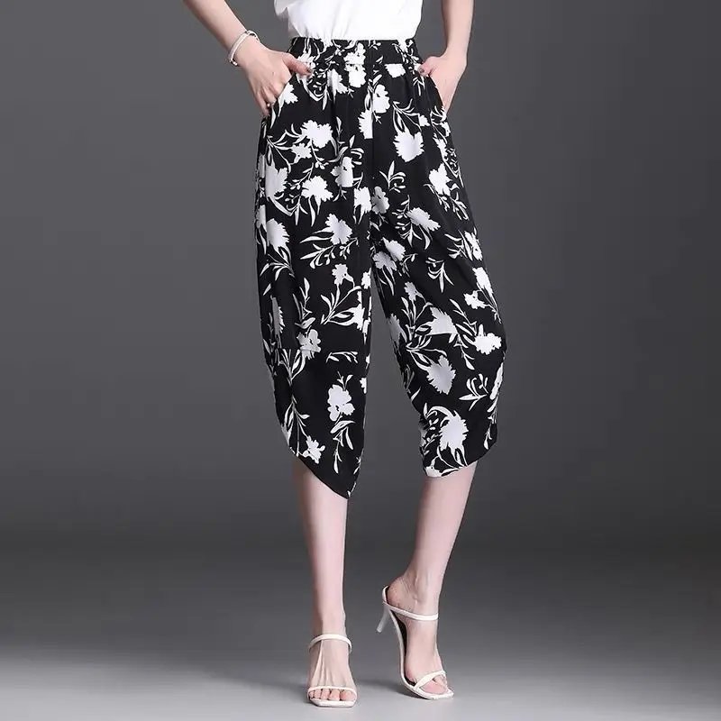 2024 New Summer Casual Loose and Minimalist Fashion High Waisted Pocket Print Oversize Versatile Cropped Harlan Pants for Women