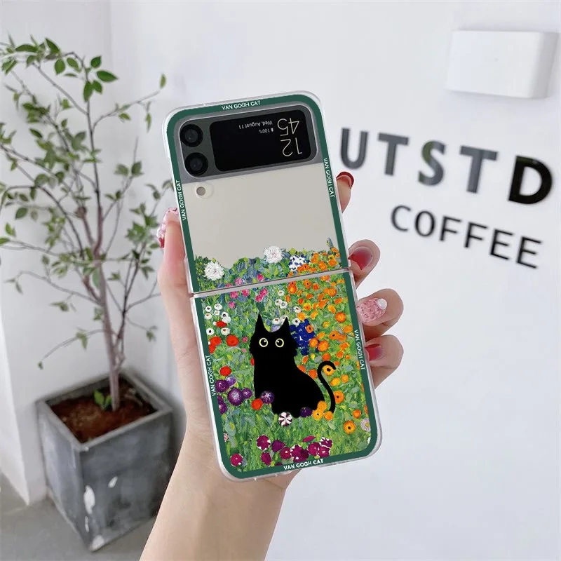 Aesthetic Black Cat Art Van Gogh Clear Folding Phone Case - Hard Cover for Samsung Z Flip Series