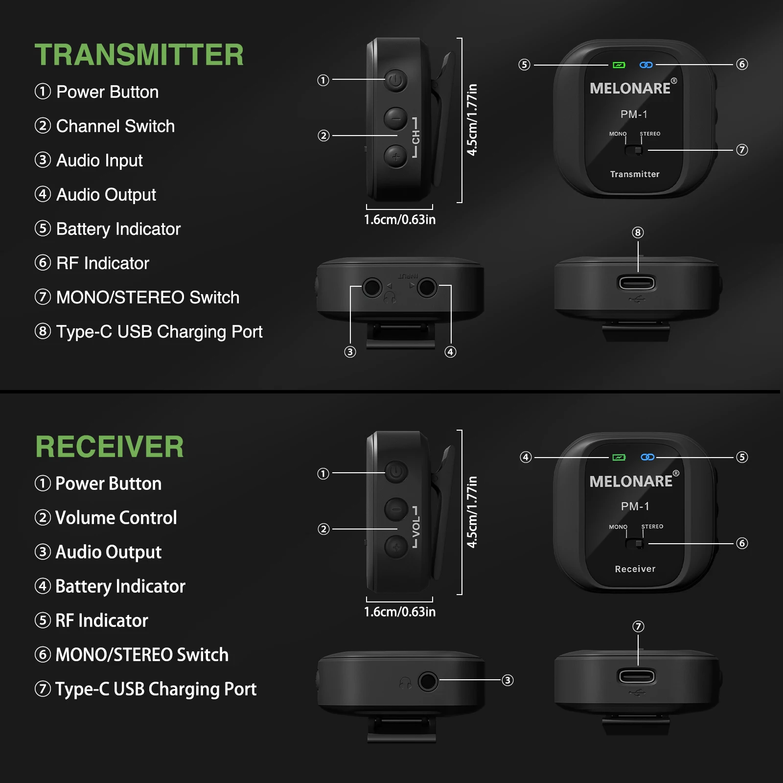 MELONARE PM-1 Wireless In-Ear Monitor System-UHF 500MHz No Delay HD Audio Beltpack Transmitter & Receiver 10 Channels Mon wireless in ear monitor