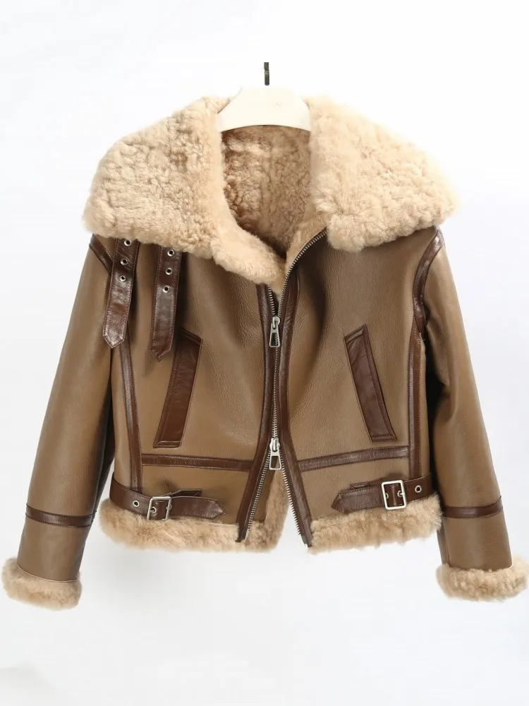Winter Womens Shearling Coat Warm Wool Liner Genuine Leather Motorcycle Jacket High Quality Streetwear Real Fur Short Overcoat