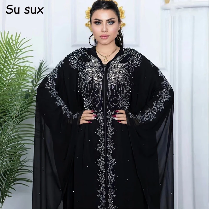 

2023 New Muslim Black Abaya Women Evening Party Plus Size Hooded Maxi Dress Fashion Crystal Casual Zip Robe Loose Islam Clothing