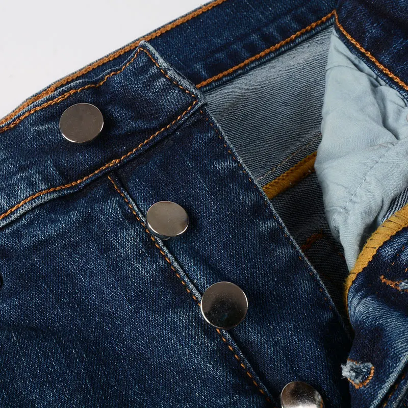 High Street Fashion Men's Jeans Vintage Blue Wash Elastic Tight Split Jeans Men's Designer Hip Hop Brand Black Patch Pants
