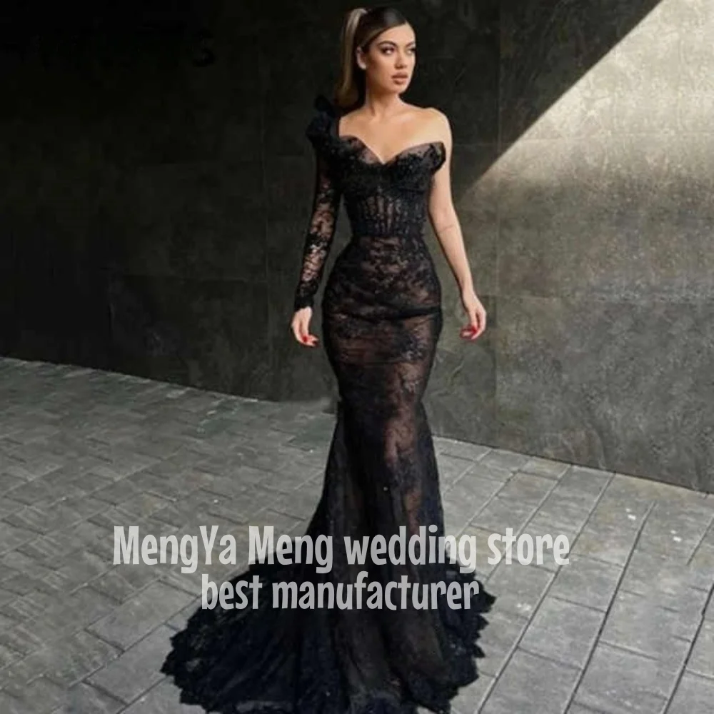 Elegant Long Black Mermaid Prom Dress One Sleeve Sweetheart Lace Evening Gowns Graduation Dresses Vestido De Noche Customized