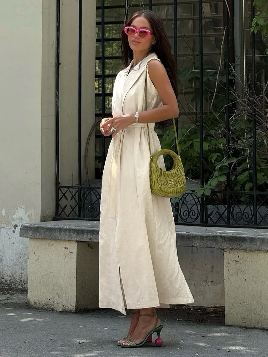 Bornladies 2026 Spring Summer New Women's  Sleeveless Shirt Dress Elegant Casual Collared Tie-Waist Fitted Maxi Dress