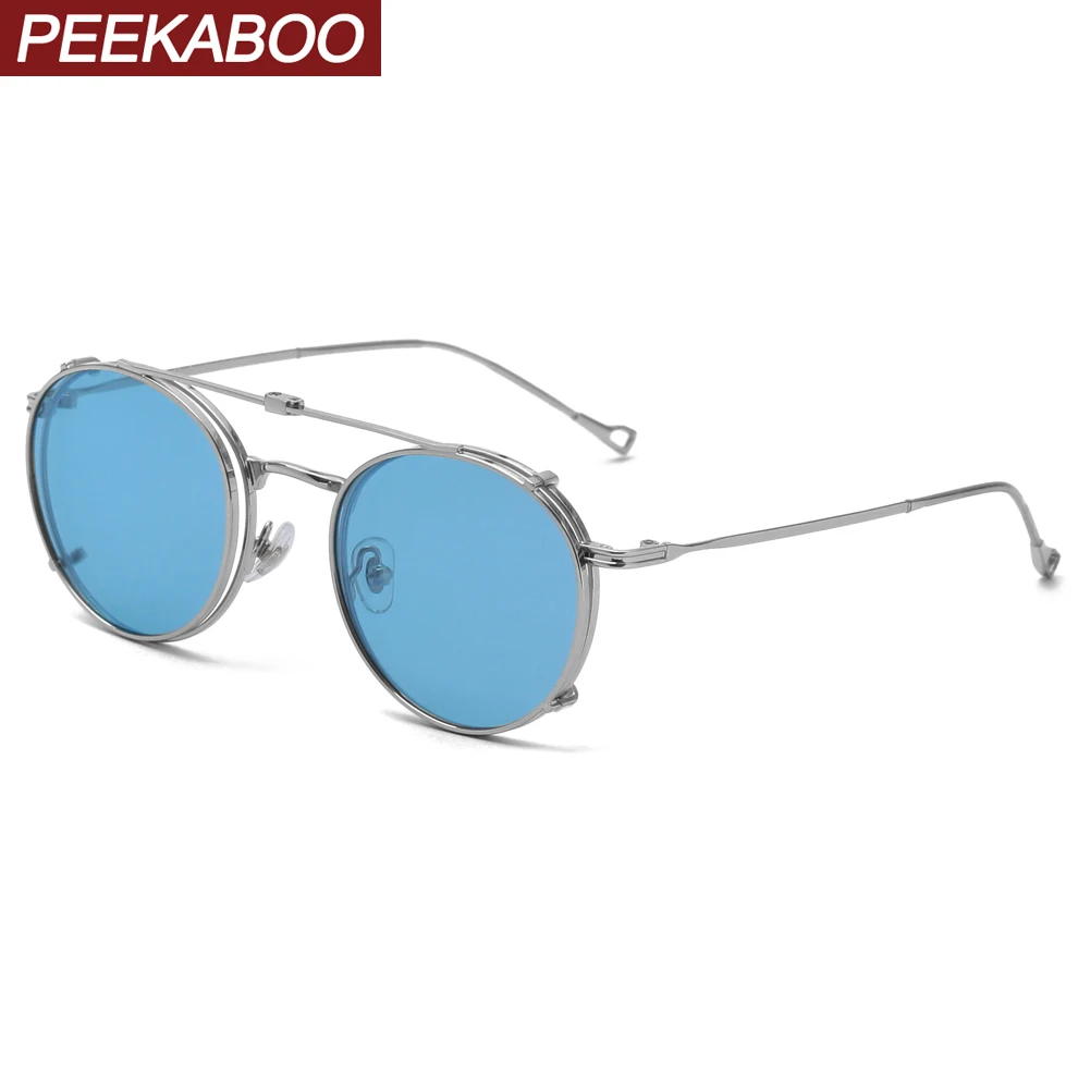 Peekaboo 블루 그린 라운드 편광 선글라스 남성용 클립 온 접이식 UV400..