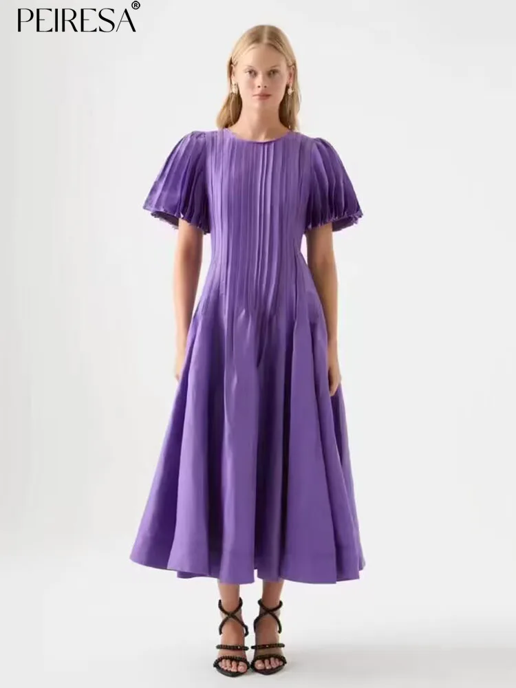 

PEIRESA French Luxury Design Purple Party Evening Dress For Women O Neck Flare Sleeve Pleated Slim Waist A Line Maxi Dresses