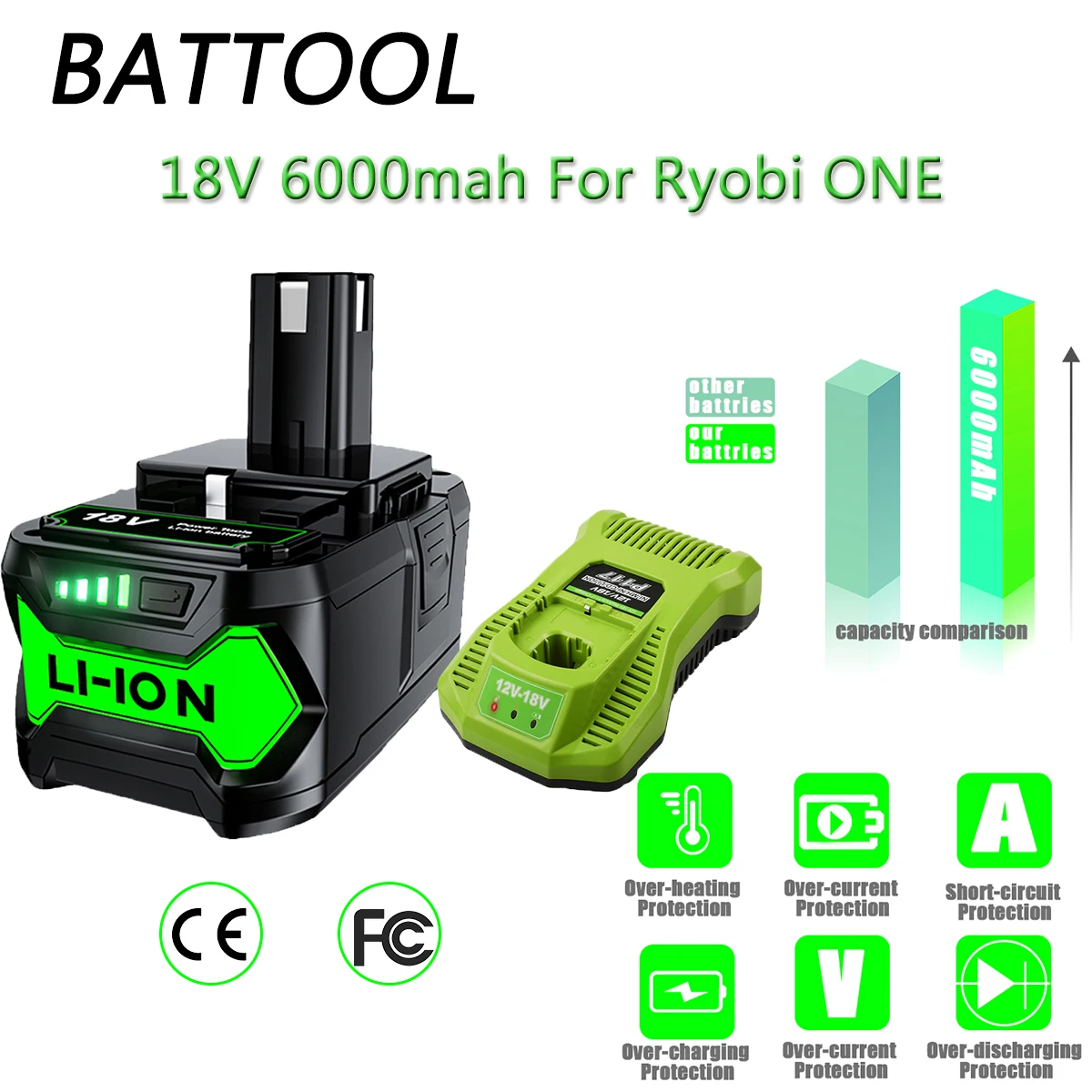 Batteria Al Litio Battool 18V Per Ryobi P108 P102 P103 P104 P105 P109 Batteria Trapano A Batteria 6000Mah 18 Volt Per One + Cordless