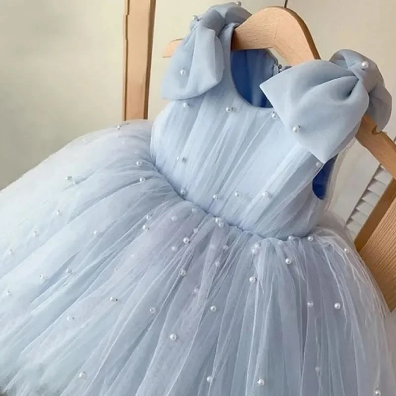 

Flower Girl Dresses Blue Cute Puffy Tulle Shiny Pearls Beading Sleeveless With Bow For Wedding Party First Communion Gowns