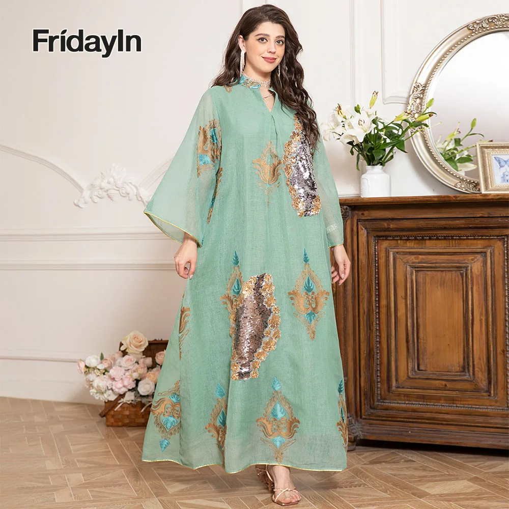 

Fridayin Muslim Abaya Elegant Long Dresses for Women V-neck Color contrast Rhinestone Flared sleeve Kaftan Loose Straight Skirt