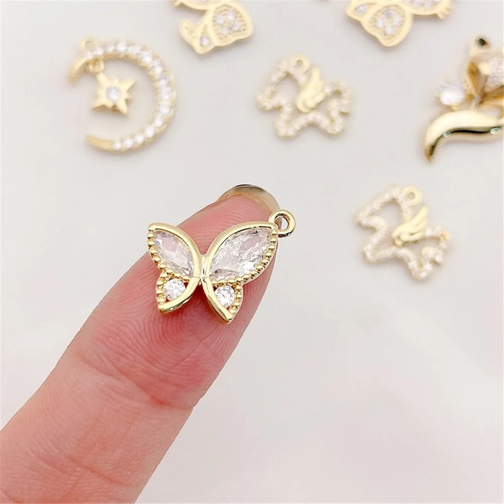 14K 골드 도금 마이크로 지르콘 문 나비 고양이 매력 펜던트 DIY 쥬얼리 용품 목걸이 팔찌 공예 액세서리 비즈