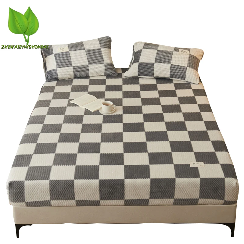 

Winter Quilted Mattress Protector Crystal Velvet Warm Thicken Fitted Sheet Plaid Color Double Bed Mattress Cover and Bedspread