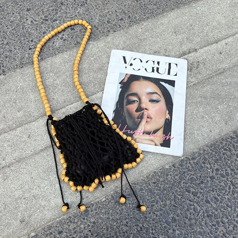 Fashion Nylon Rope Woven Handmade Handbag Hollow Out Fishnet Casual Bag Small Bell Shoulder Underarm Bag Female Mobile Phone Bag