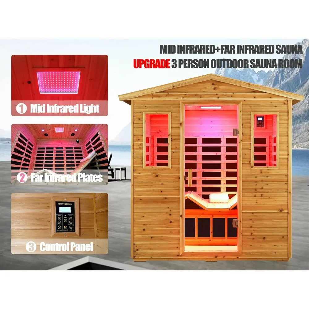 Outdoor Sauna 3 Person Infrared Sauna, Infrared Saunas for Home,1950W Low EMF Far Infrared Sauna Old Fir Wooden Sauna with Light 2