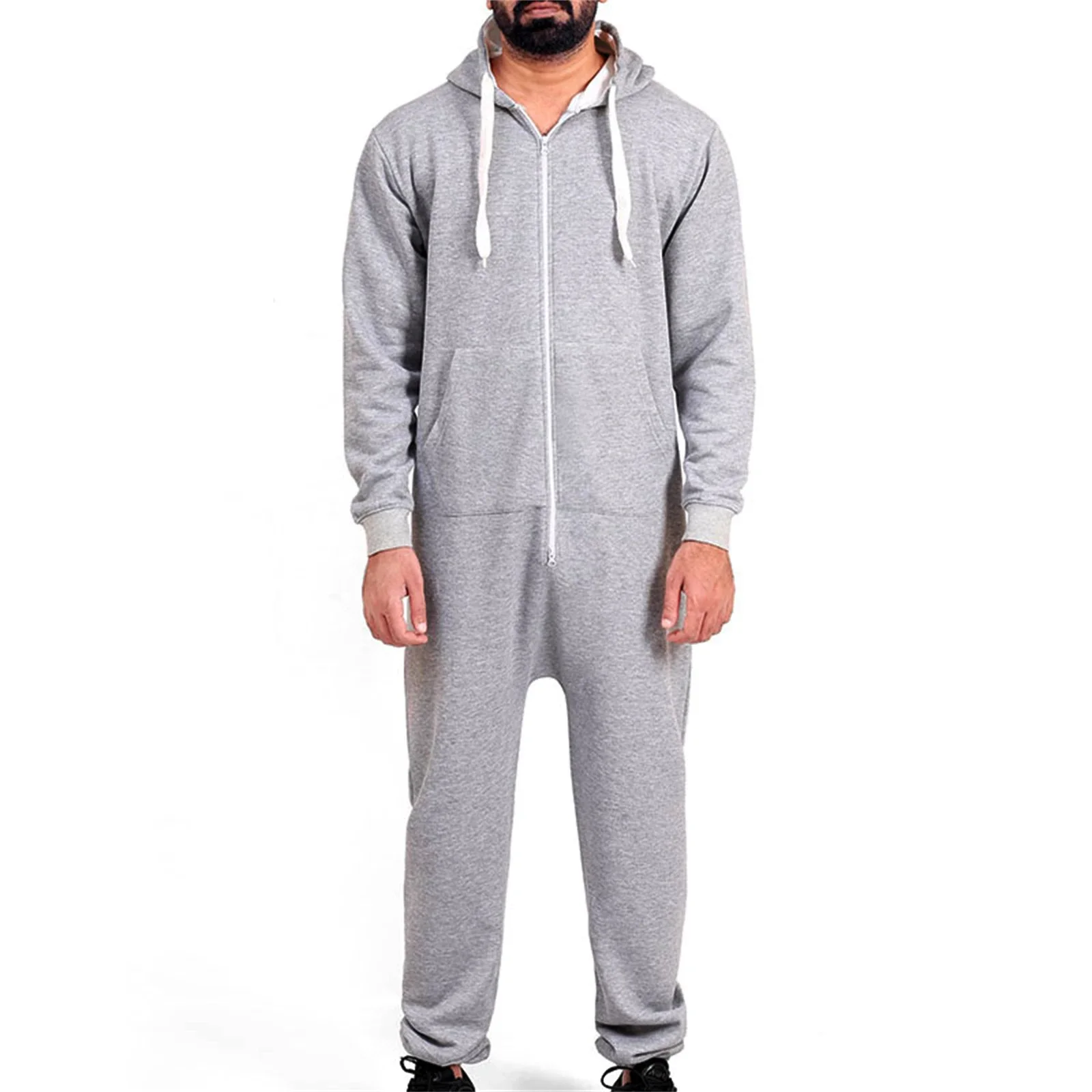 Men Hooded Jumpsuit Long Sleeve Zip-up Pajamas Sleepwear Loungewear with Pockets
