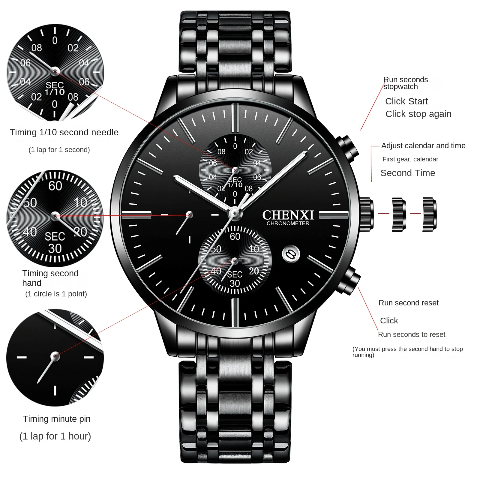 CHENXI Multi Functional Watch Creative Men's Sports Chronograph Calendar Fashion Luminous Quartz Watch