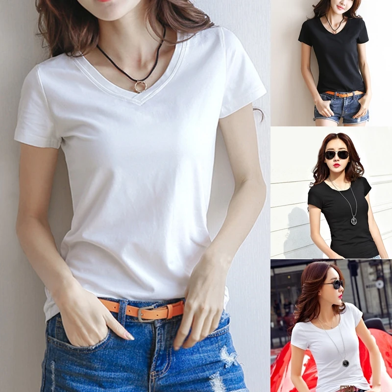 

Women Basic Sports Tee Shirt Casual V-Neck Short Sleeve Cotton Tee Slim Black White T-Shirt Streetwear Lady Solid Tshirt Tops