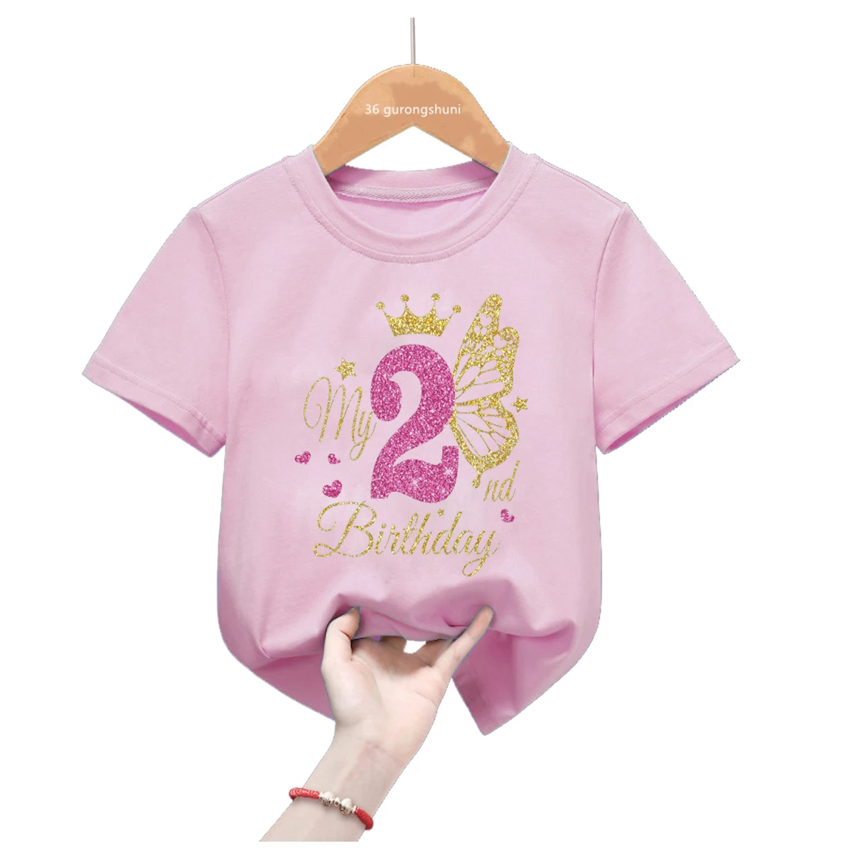 Customized Name Tshirt It's My 1-11th Happy Birthday Princess Golden Butterfly T-Shirt Girls Gift Kids Clothes Short Sleeve 2