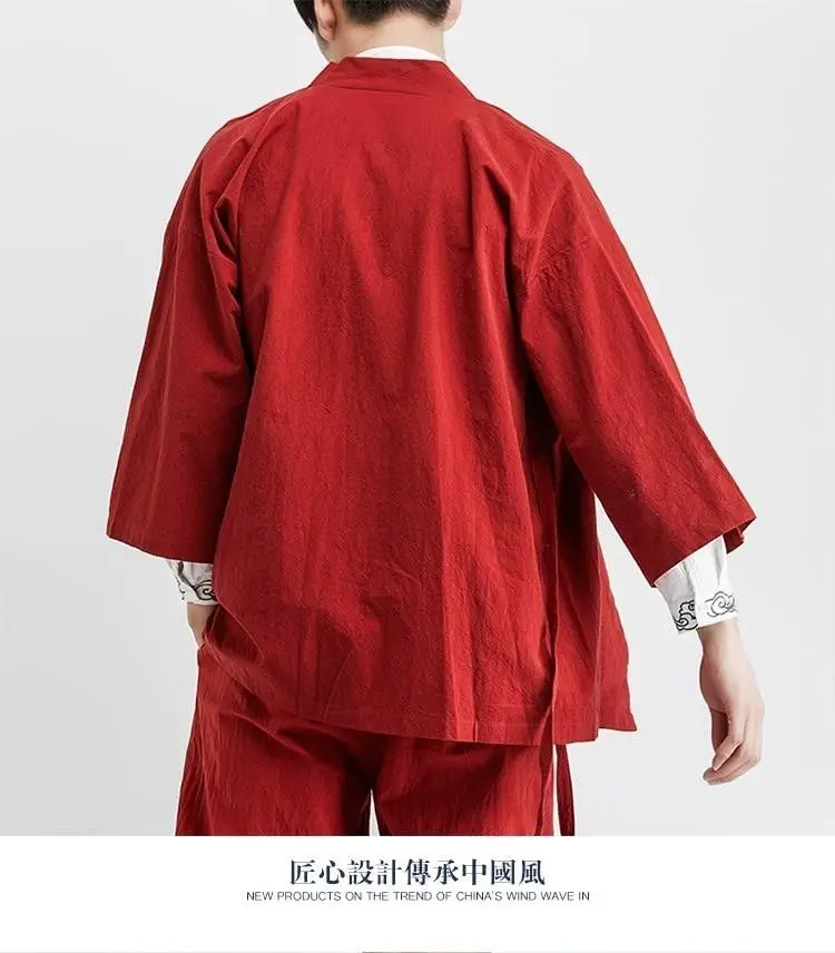 Plus Size Men's Kimono Cardigan Jacket Cotton Linen Japanese Yukata Haori Loose Open Front Hanfu Coat Samurai Costume Streetwear