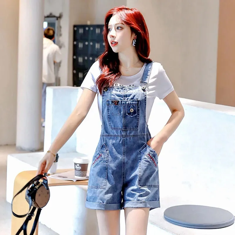 

2023 Fashion Suspenders Jeans Short Pants Women's Spring Summer Denim Braces Pants Student Sweet Casual Pants Loose Strap Jeans