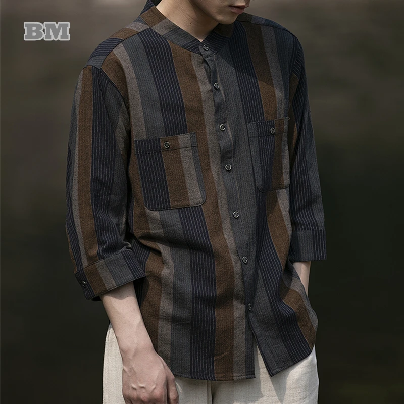 

Summer Chinese Style Cotton Linen Three-Quarter Sleeve Shirt Men Clothing Plus Size Vintage Casual Tops Traditional Loose Shirt
