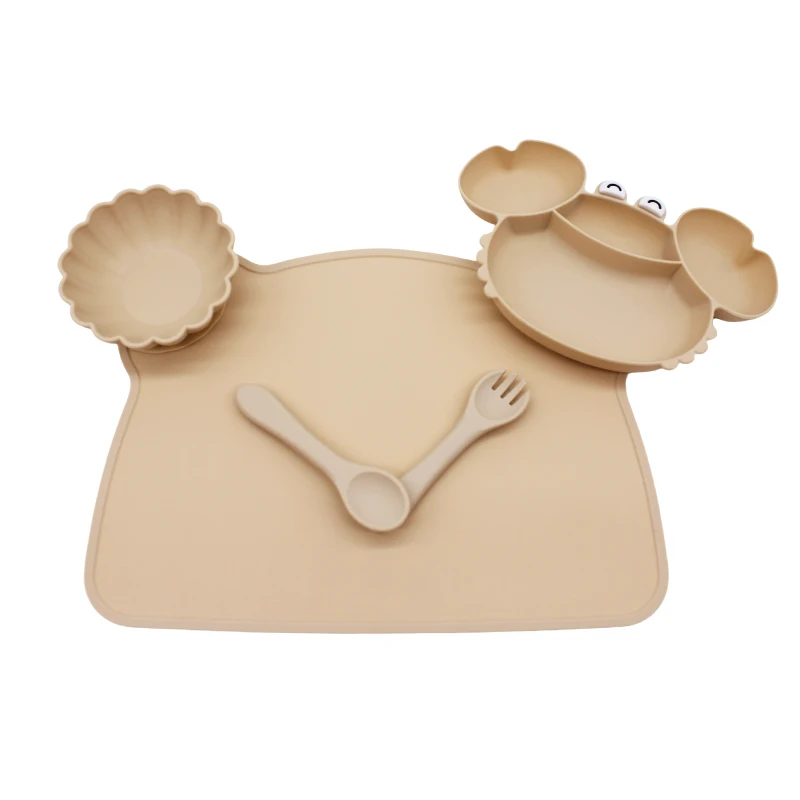 Crab compartment plate children's tableware set with meal bib eating training bowl soft silicone baby autonomous 4