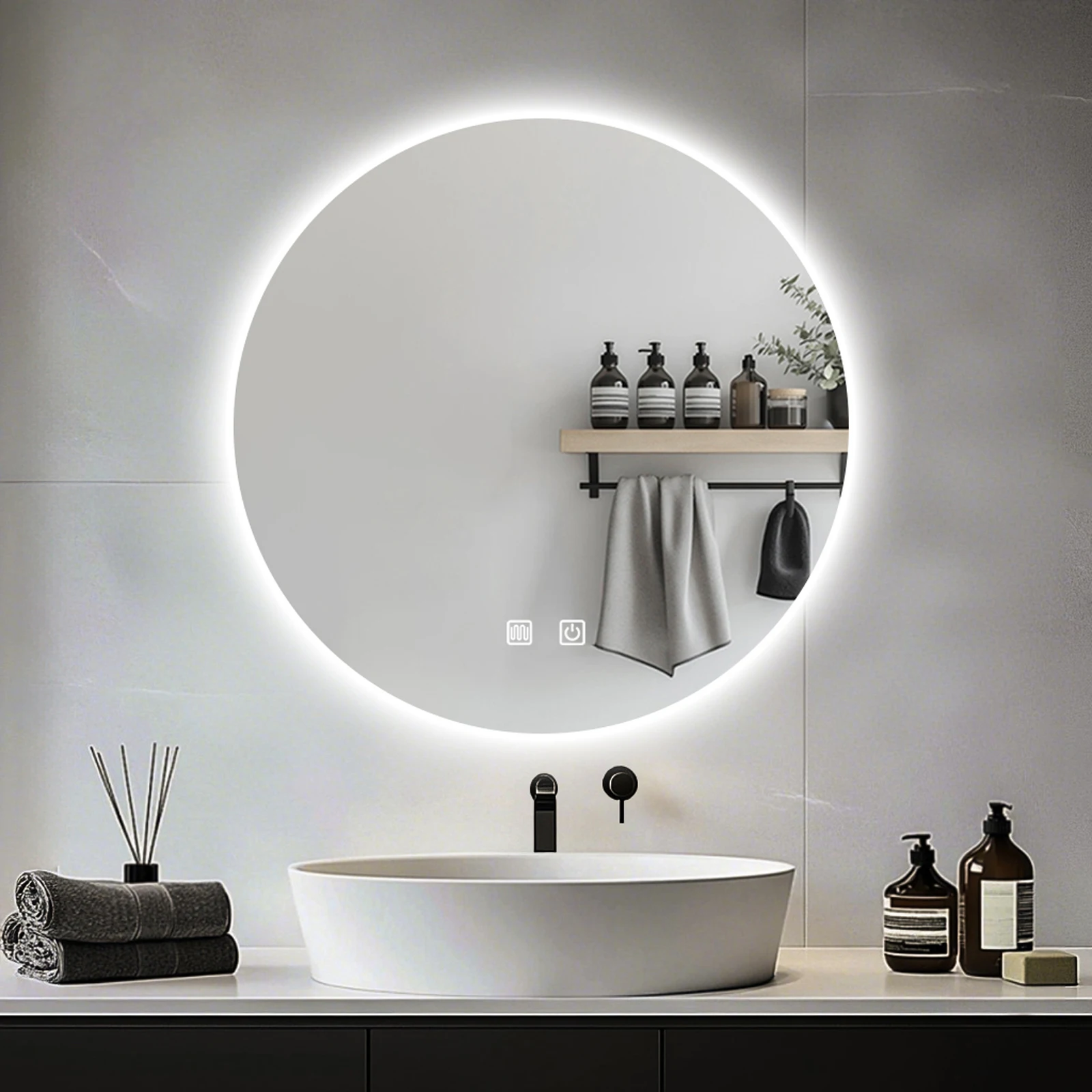 60cm Hardwired Bathroom Mirror LED Lights Fogless Wall Mounted Mirror 3 Colors Memory Stepless Dimmable Waterpoof Touch Switch