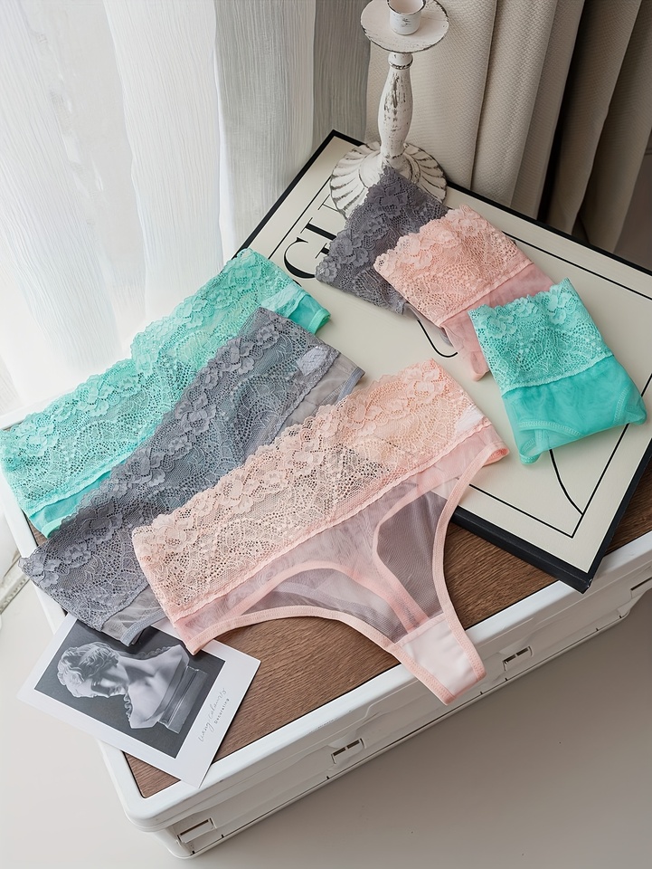 6-piece mixed color semi-transparent lace lace women's thong sexy, comfortable and breathable cotton women's underwear