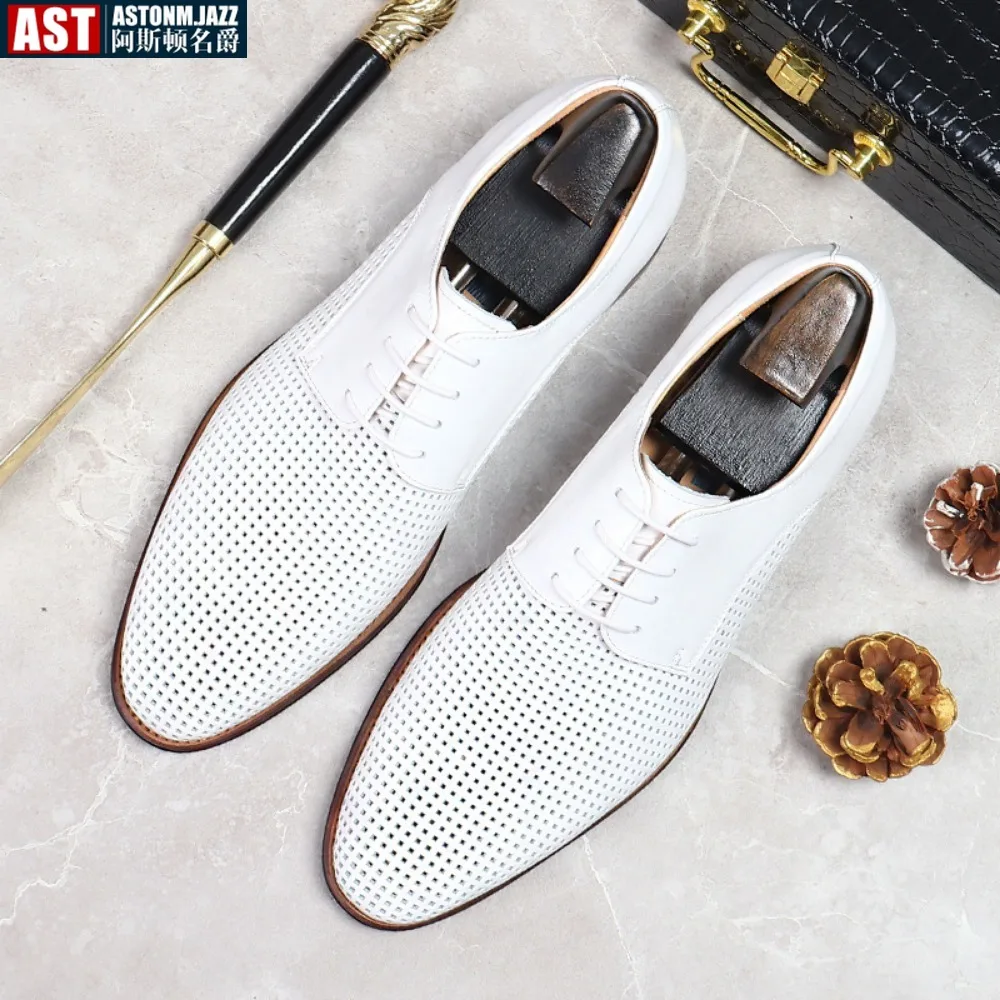 Men's Business Casual Oxford Shoes Real Cow Leather Comfortable Breathable Hollow Soft Leather Summer Shoes White Wedding