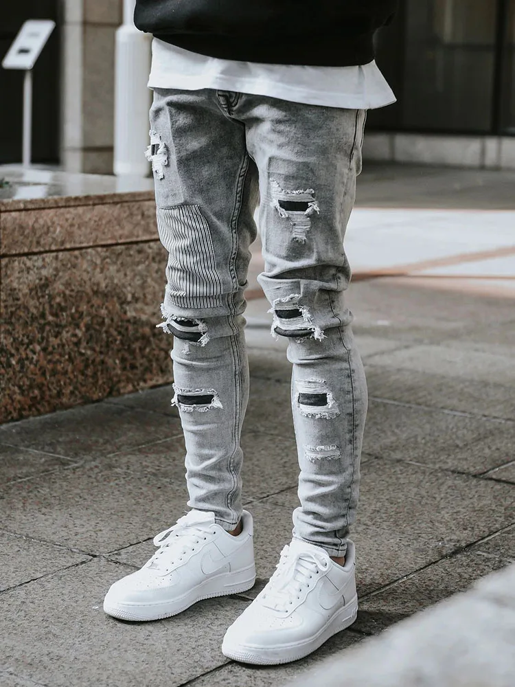 bælte nedbryder bus New Designer Jeans Men's Skinny Ripped Jeans Fashion Beggar Patches Slim  Stretch Denim Pants Hip Hop Jogging Trousers Streetwear - AliExpress
