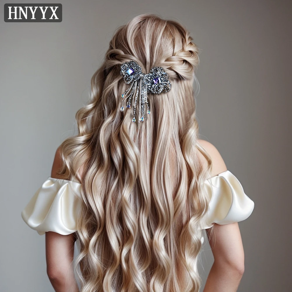 HNYYX Crystal Hair Clips Long Tassel Flower Hairpin Luxury Hair Piece Wedding Hair Accessories Party Tiara Vintage Headwear A68