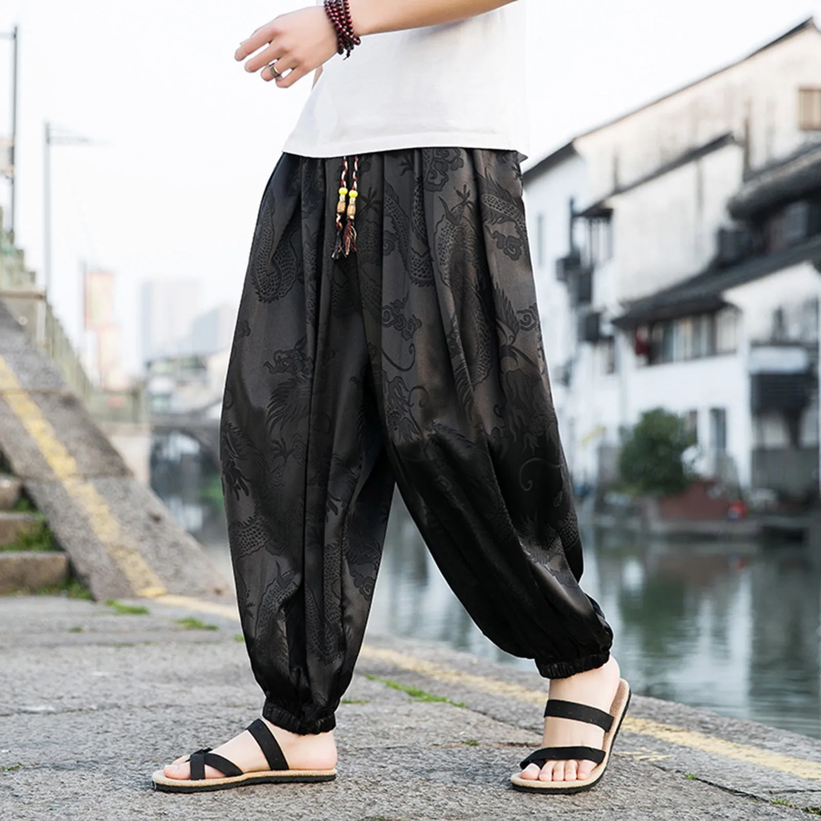 

2024 Men Ice Silk Dragon Dark Flower Loose Bloomers High Quality Wide Leg Casual Pants Retro Harem Pants Hip-Hop Street Pants