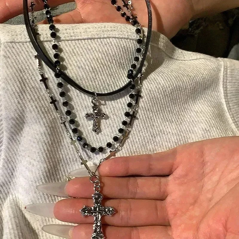 New Spicy Girl Multi-layer Cross Necklace Punk Bead Long Pendant Retro Sweet Cool Hip-hop Women's Gift Creative Fashion