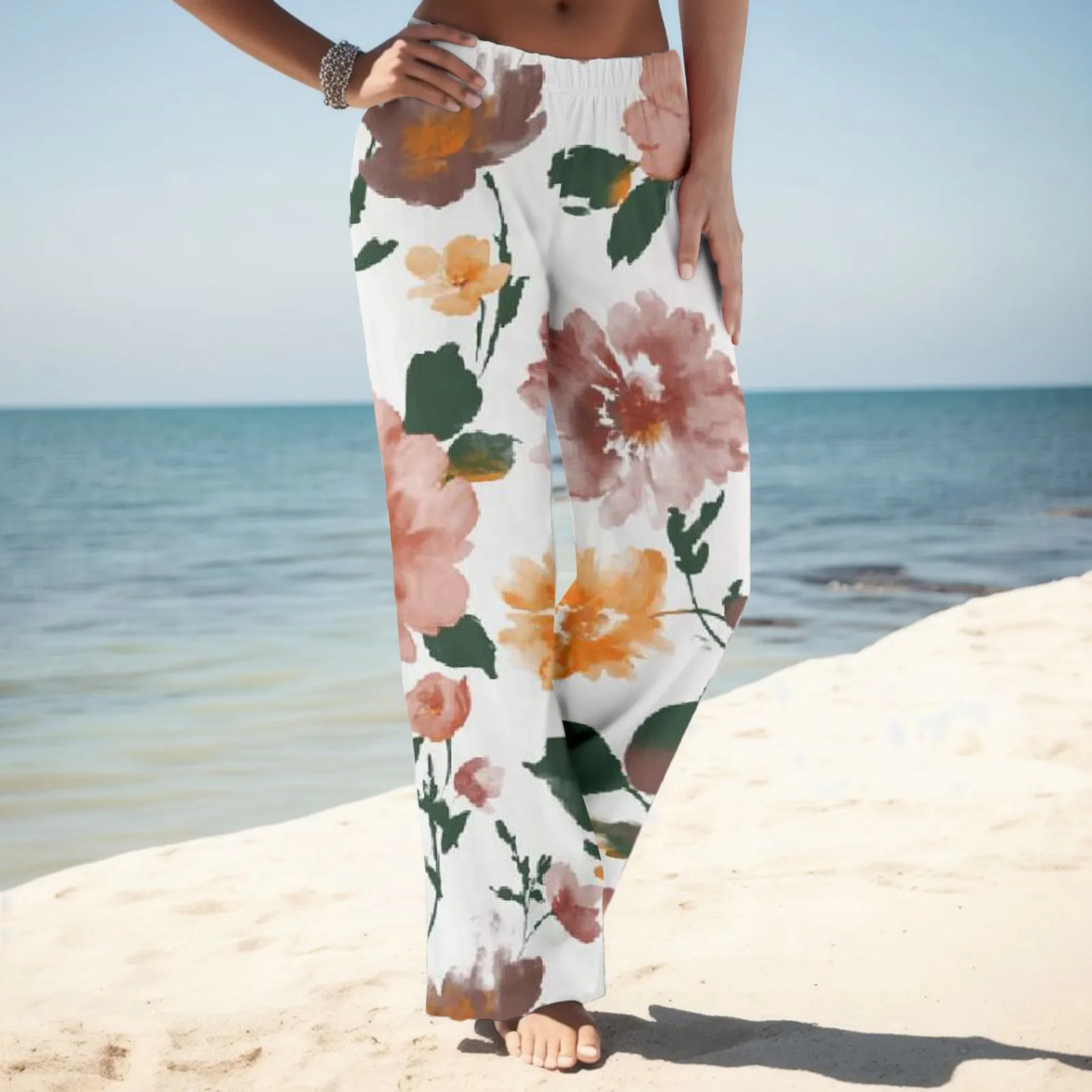

Womens Wide Leg Beach Pants Boho Loose Pantalones Outdoor Vintage Elastic Waist Side Pockets Pants Baggy Trousers Sweatpants