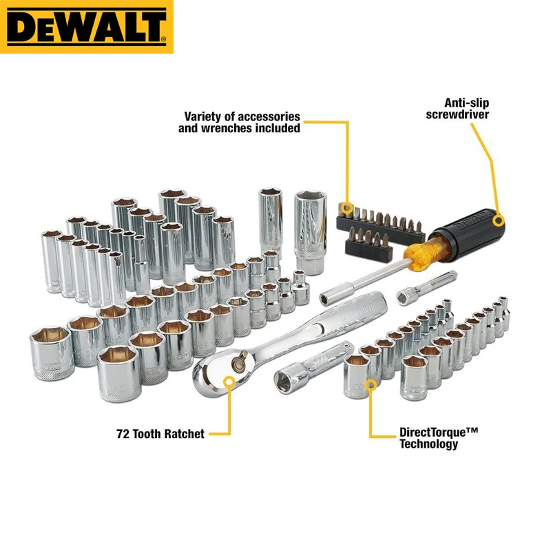 DEWALT 84 Piece Mechanic Tool Set Includes Ratchets Drill Bits and
