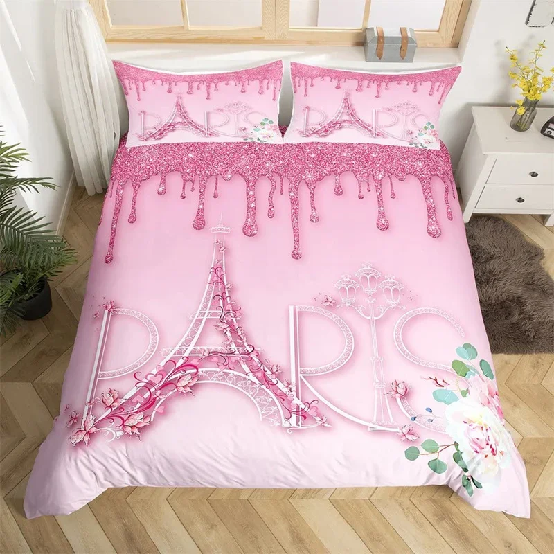 

Paris Duvet Cover Set Eiffel Tower Bedding Set Queen Polyester Romantic French Flower Quilt Cover For Girl Teen Women Room Decor