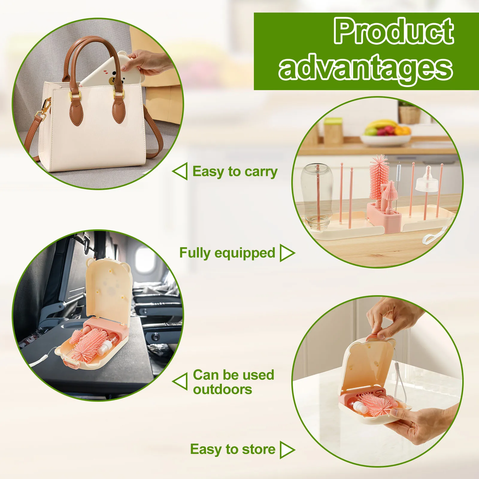 Bottle Brush Set Portable Baby Bottle Cleaner Kit Drying Rack with Silicone Nipple Brush Bottle Cleaning Tool for Home and Trave