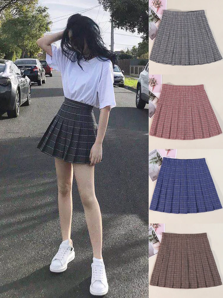 Pleated Skirt Midi Spring Summer 2022 Woman Mini Checkered Women Elastic A Line Plaid College Style Black E Girl Bottoms |