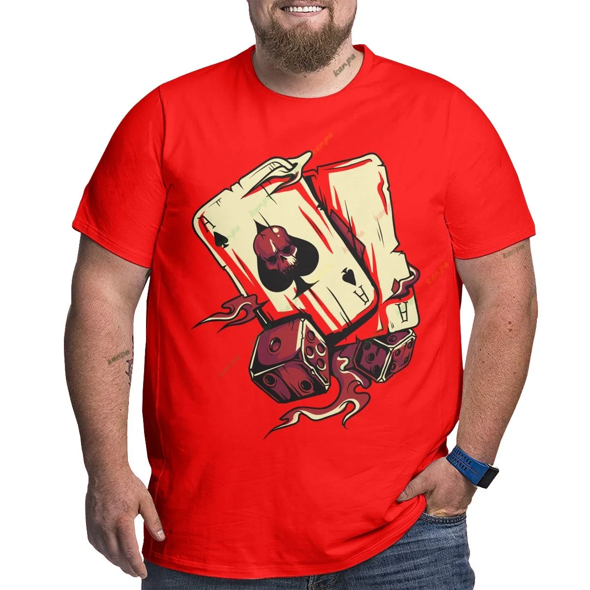 

Man Summer New Loose Red T Shirt 6xl Plus Size Tops Pokers Print cotton Tees Playing Cards Cool Tshirt O Neck Undershirt 5xl