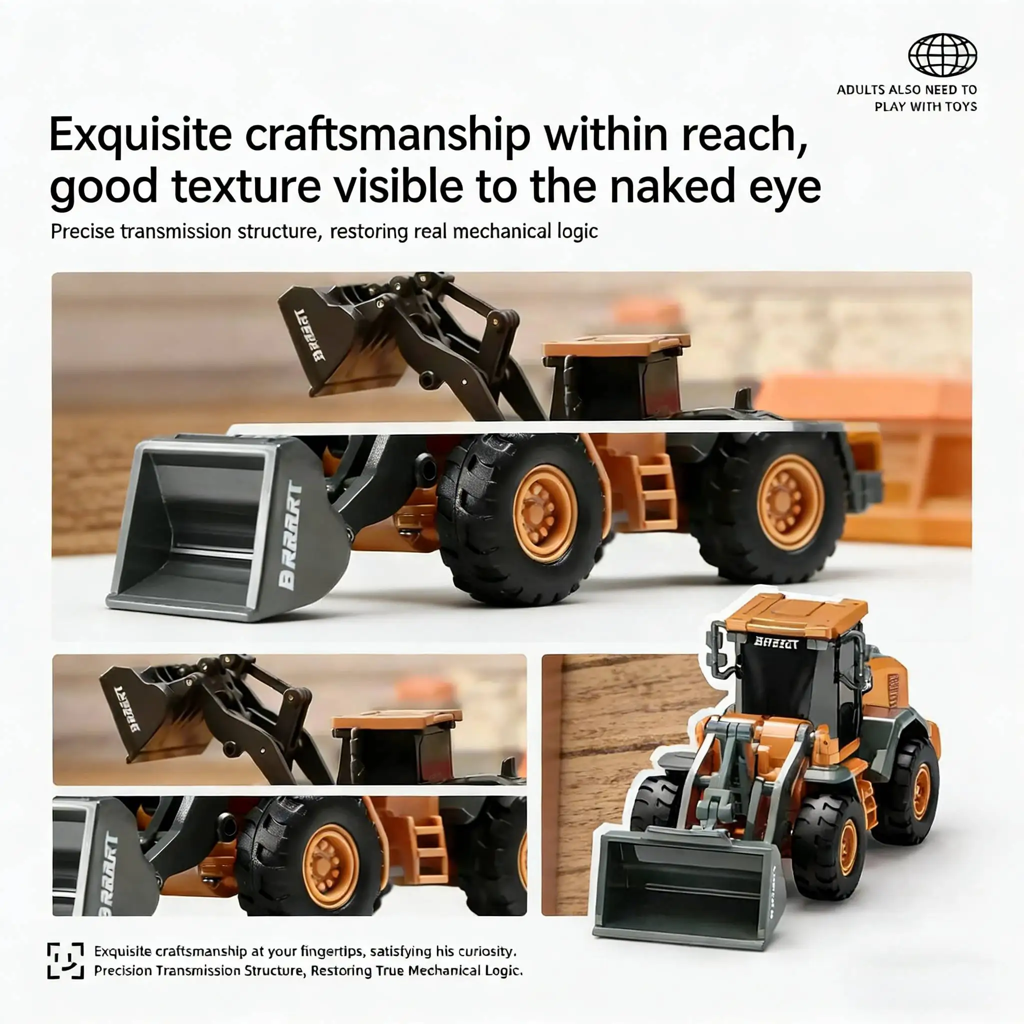 Gros plan sur le conducteur et le poste de pilotage du mini bulldozer RC 1/64, véhicule de construction télécommandé pour enfants.