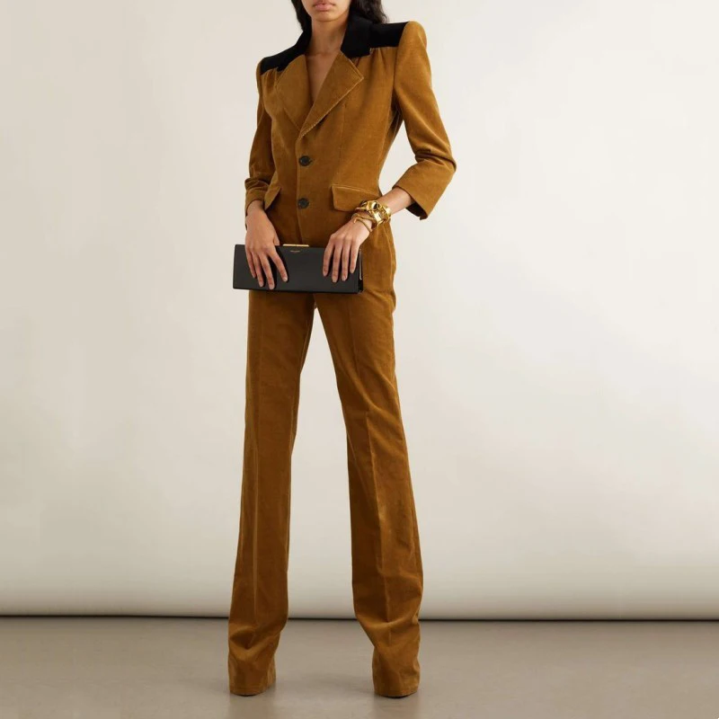 2022 Women's Single Breasted Two-Piece Blazer + Pants Casual Business Suit Solid Color Corduroy Travel Party Fashion